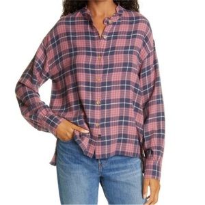 Rails Andie Button Down Shirt In Rose‎ Indigo Plaid Ruffle Collar Casual XS